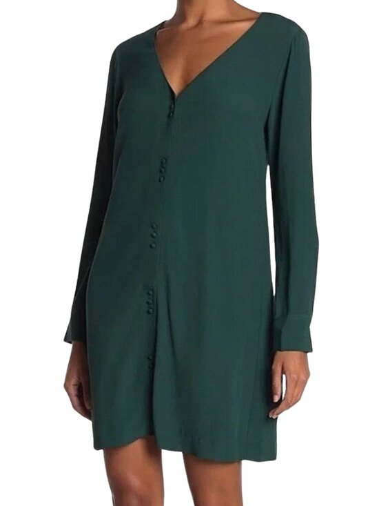 Madewell Dresses & Skirts - Madewell Novel Button Front Mini Dress Large Green V Neck Viscose Boho Aesthetic